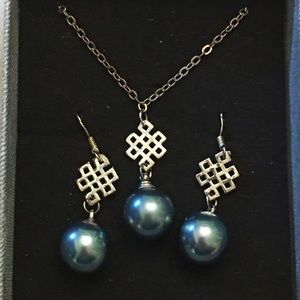Artisan 925 glass pearl necklace and earrings dusty aqua teal green blue NWOT